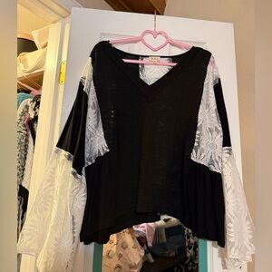 POL Black Blouse with White Lace Sleeves